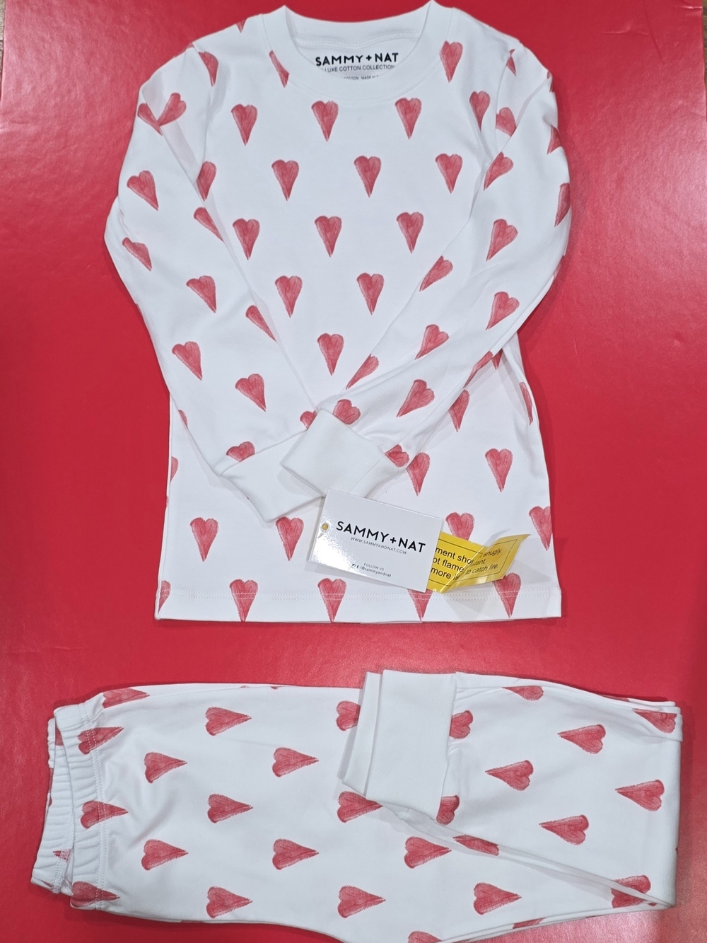 Sammy + Nat White Pajama Set with Red Heart Pattern Size 5